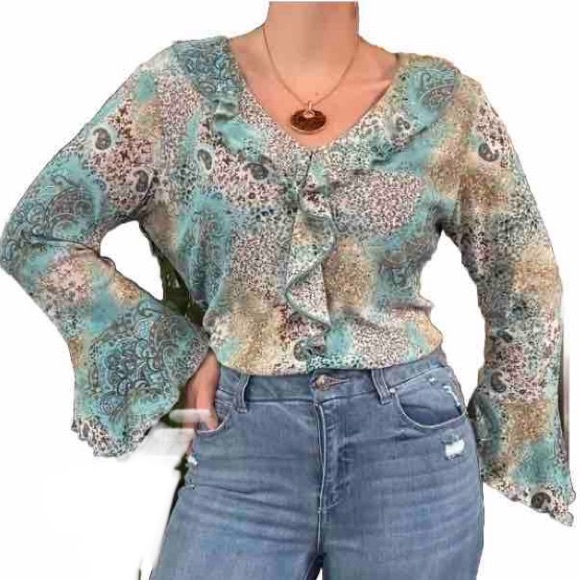 NEW YORK CITY DESIGN CO Paisley Bell Long Sleeve Blouse Womens Large - Picture 7 of 15